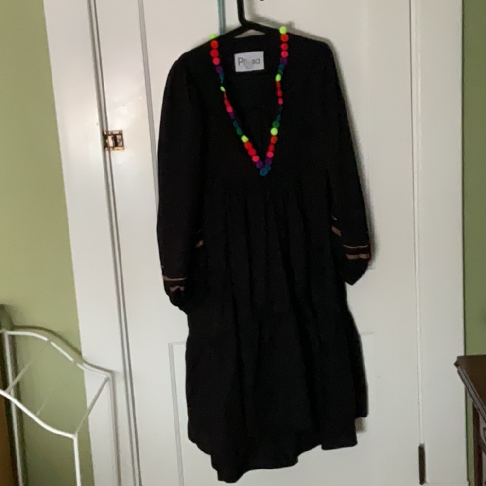 Pitusa cotton Black Dress with Colorful Pom Pom Necklace